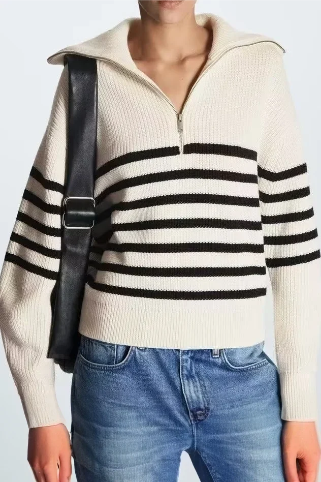 Pull femme à rayures, demi-fermeture éclair, col montant - Holly