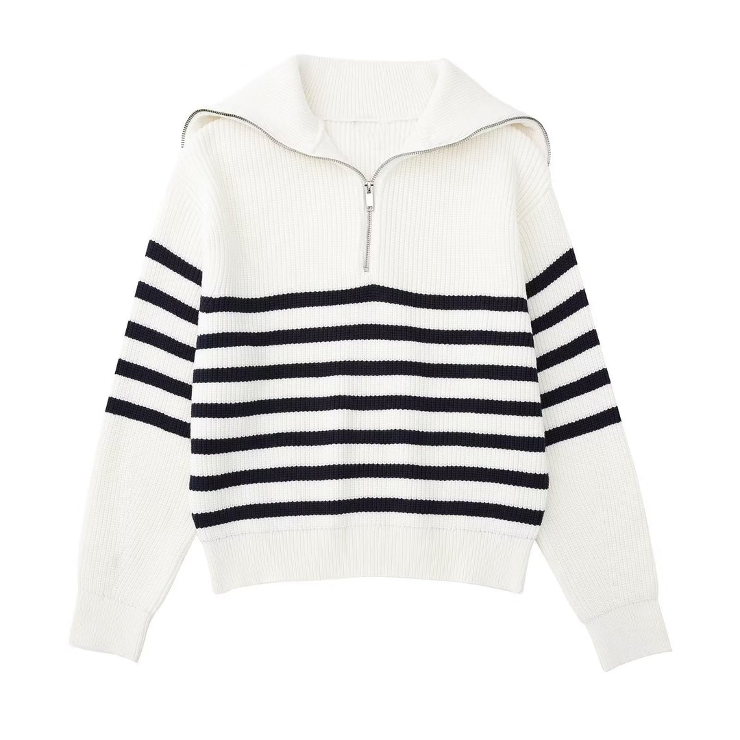 Pull femme à rayures, demi-fermeture éclair, col montant - Holly