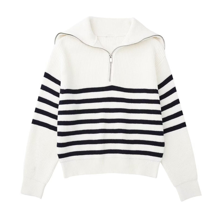 Pull femme à rayures, demi-fermeture éclair, col montant - Holly