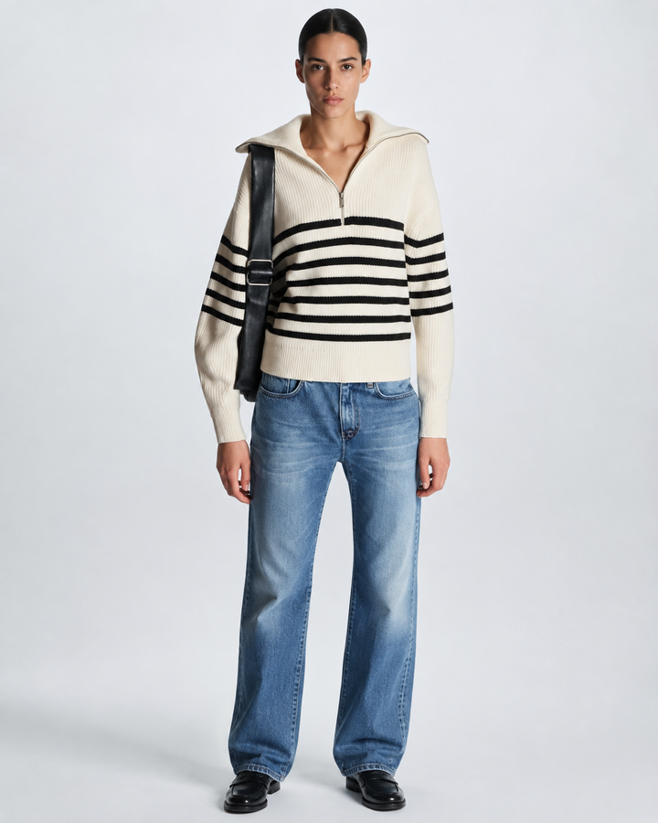 Pull femme à rayures, demi-fermeture éclair, col montant - Holly