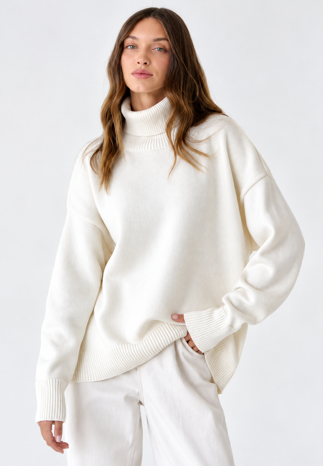 Pull oversize femme col roulé épaules tombantes maille lisse - Eirwen