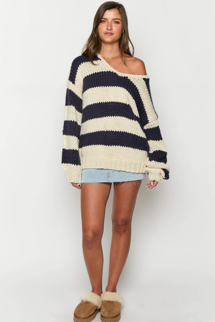 Pull oversize à rayures pour femme, épaules dénudées - Frida