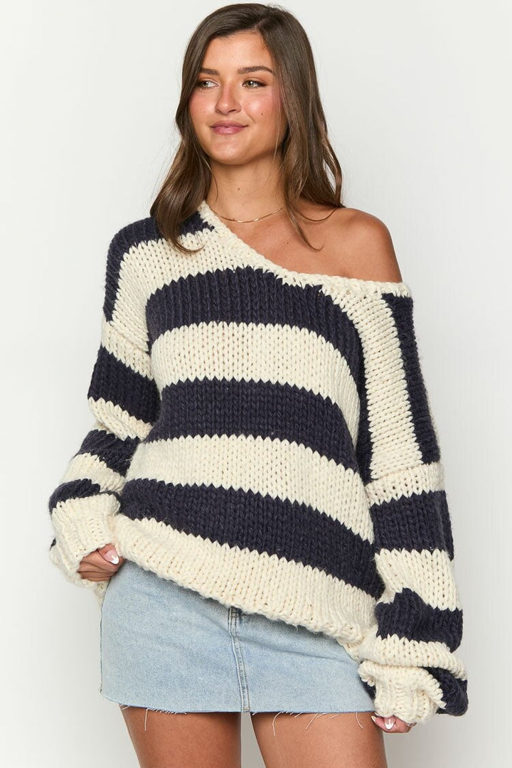 Pull oversize à rayures pour femme, épaules dénudées - Frida