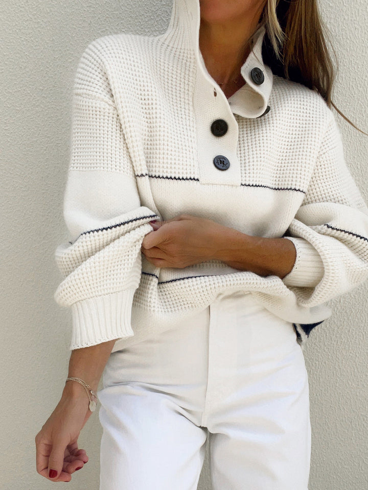 Pull en maille pour femme, col montant boutonné, rayures horizontales - Nele