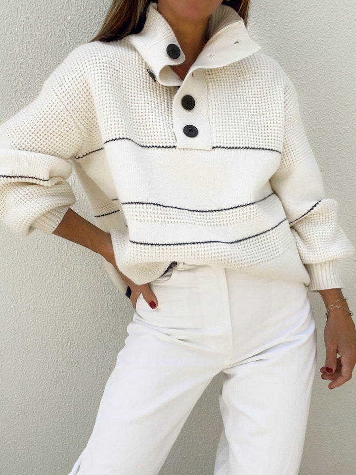 Pull en maille pour femme, col montant boutonné, rayures horizontales - Nele