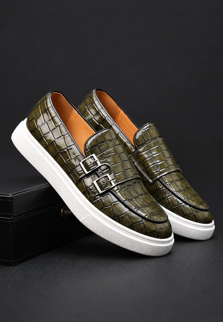 Mocassins homme effet crocodile à double boucle et semelle blanche - Torben