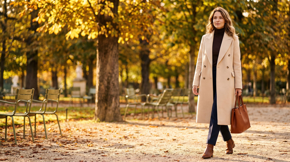 Femme en manteau camel au Jardin du Luxembourg – Novur
