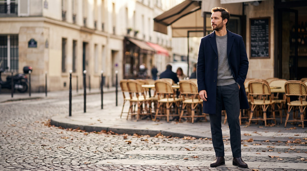 Homme en manteau marine dans le Marais – Novur
