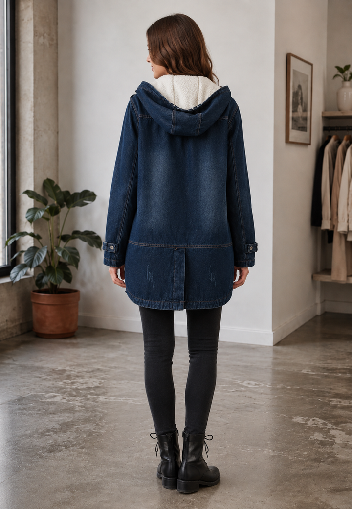 Parka longue en denim à capuche, doublure effet peau de mouton - Freja
