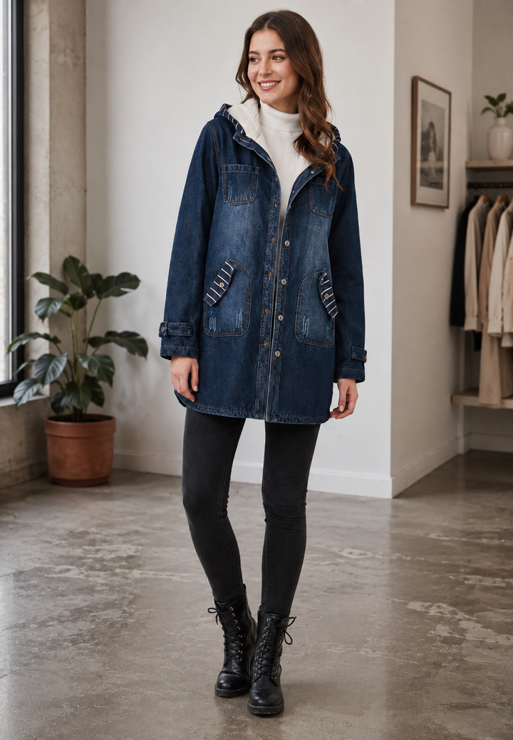 Parka longue en denim à capuche, doublure effet peau de mouton - Freja
