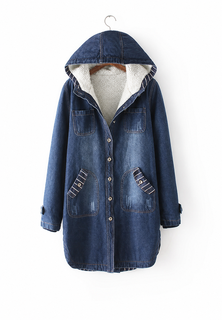 Parka longue en denim à capuche, doublure effet peau de mouton - Freja