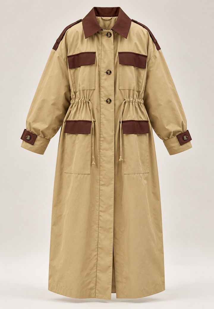 Parka femme longue à poches cargo et taille ajustable - Alondra