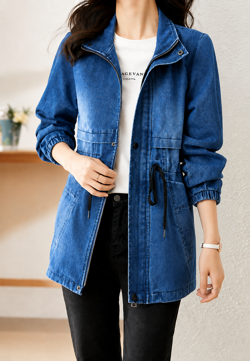 Parka en jean pour femme, taille ajustable, poches avant - Svea