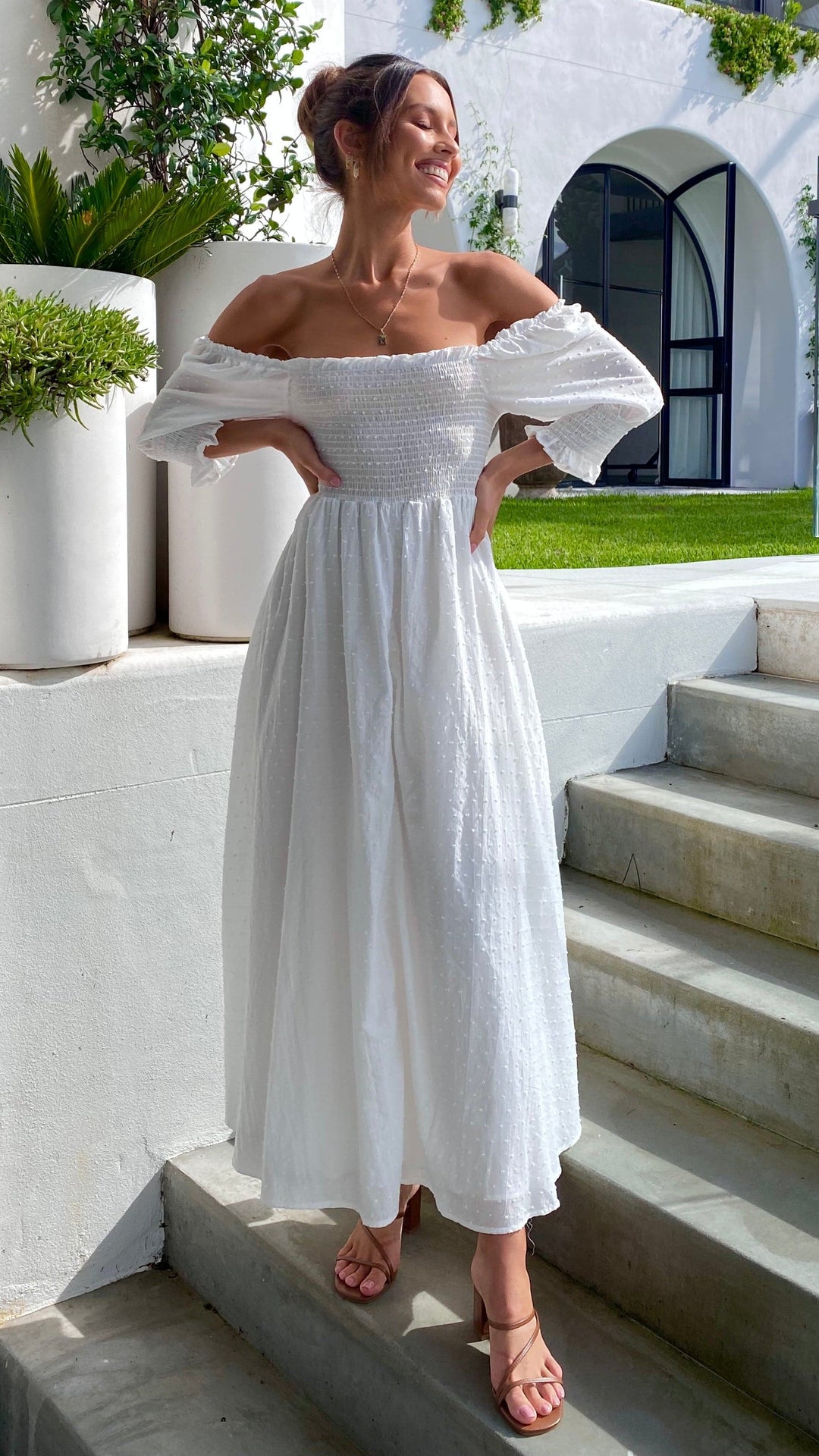Robe midi blanche à épaules dénudées pour femme - Renata
