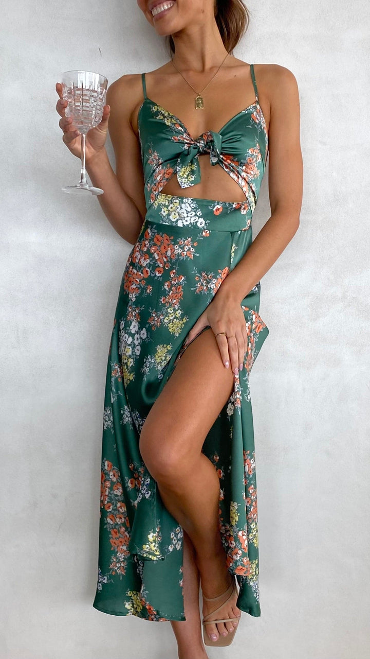 Robe midi à fleurs avec décolleté noué pour femme - Loisa