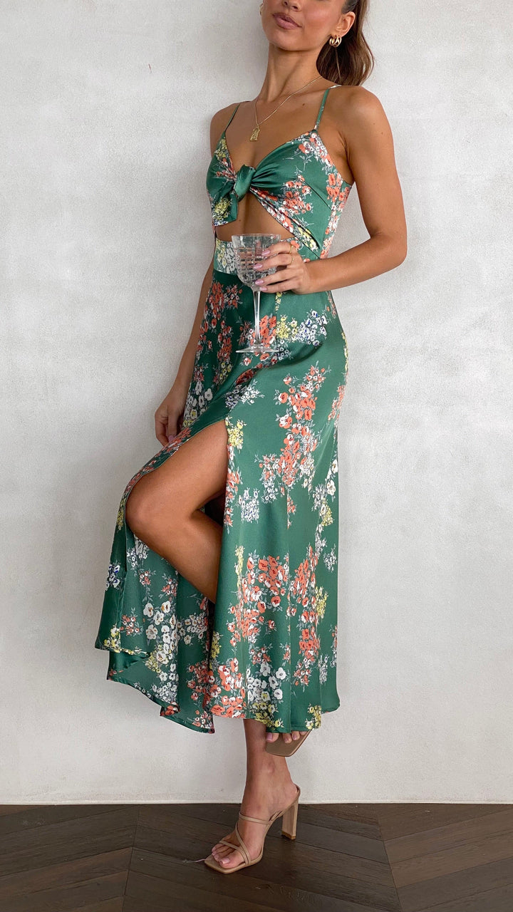 Robe midi à fleurs avec décolleté noué pour femme - Loisa