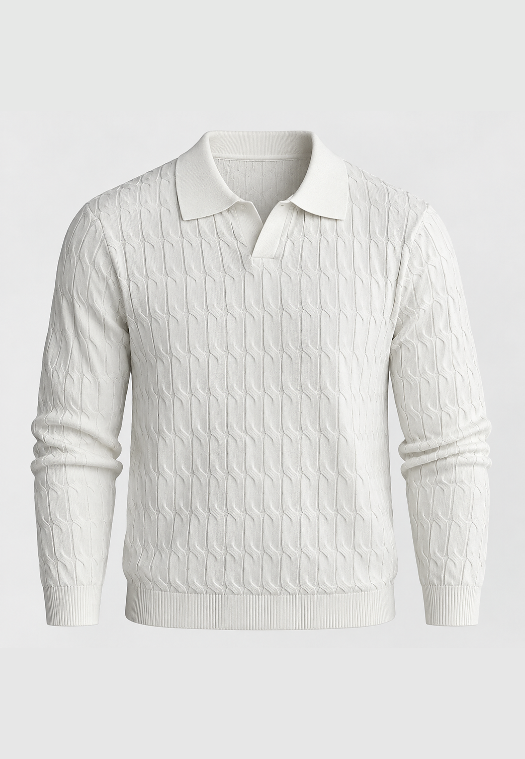 Polo en maille pour homme, manches longues, motif tressé, col ouvert - Eamon
