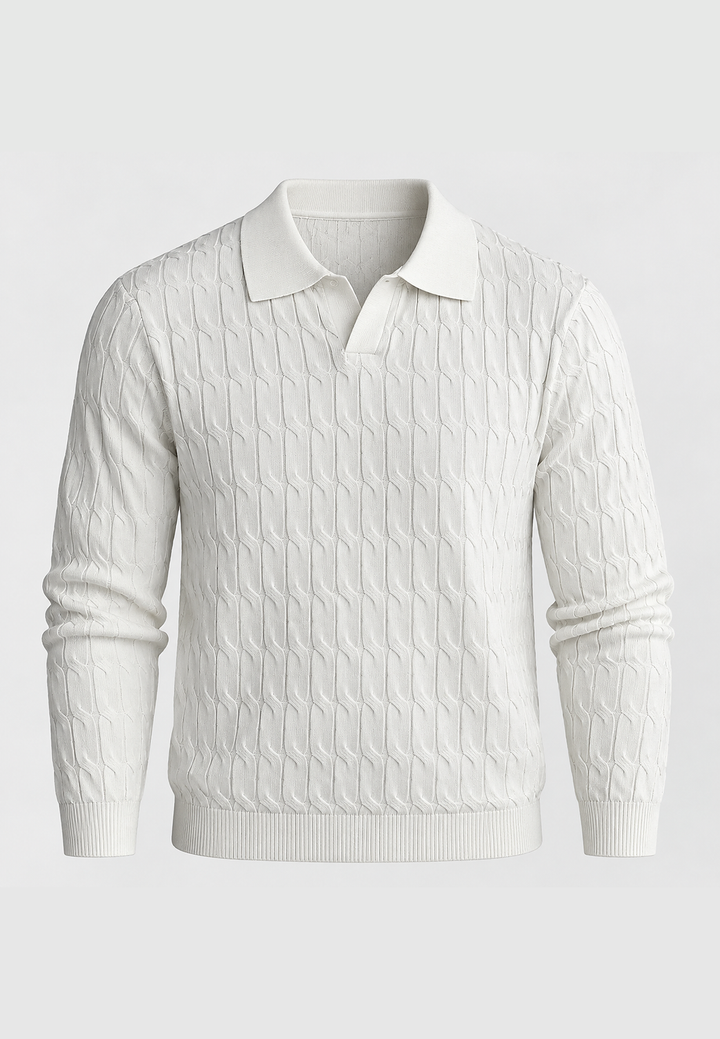Polo en maille pour homme, manches longues, motif tressé, col ouvert - Eamon