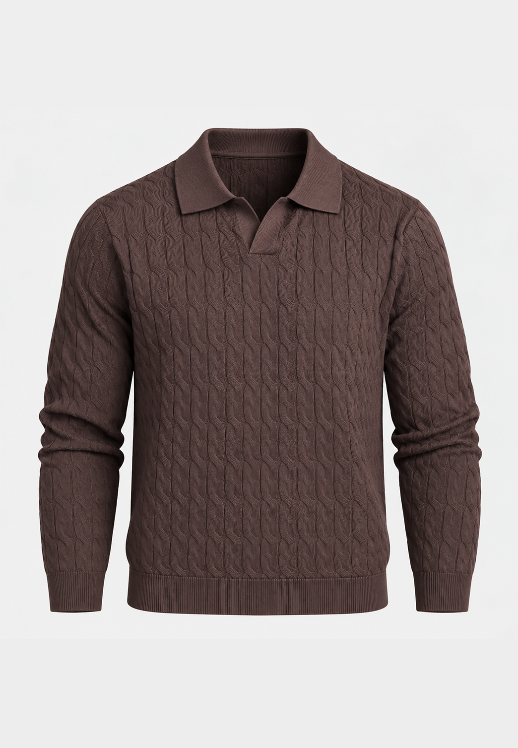 Polo en maille pour homme, manches longues, motif tressé, col ouvert - Eamon
