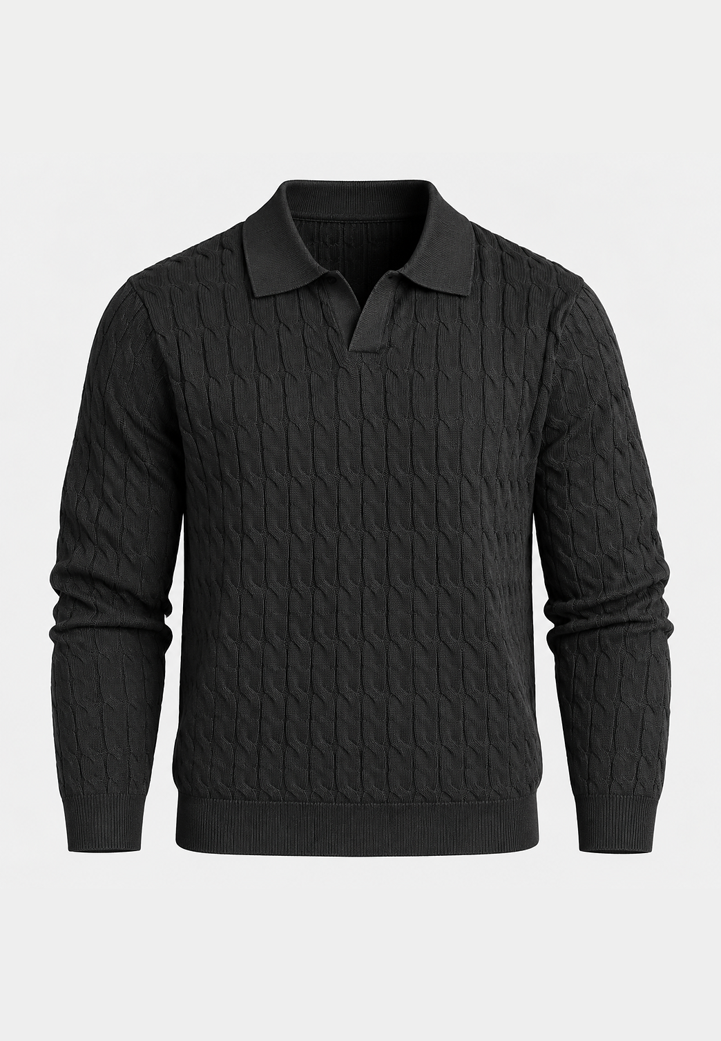 Polo en maille pour homme, manches longues, motif tressé, col ouvert - Eamon
