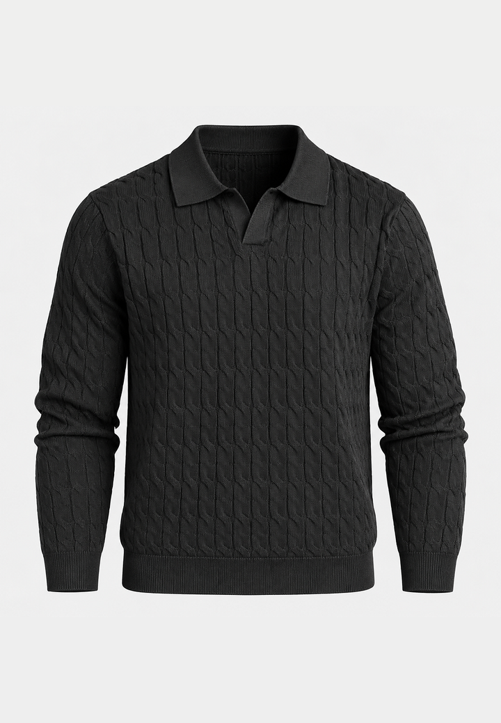 Polo en maille pour homme, manches longues, motif tressé, col ouvert - Eamon