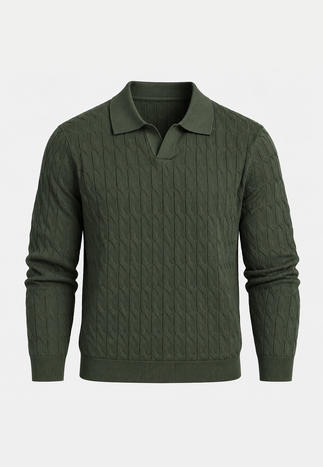 Polo en maille pour homme, manches longues, motif tressé, col ouvert - Eamon