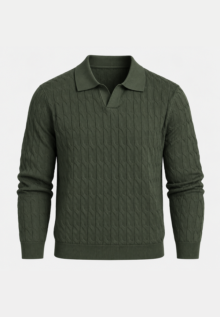 Polo en maille pour homme, manches longues, motif tressé, col ouvert - Eamon
