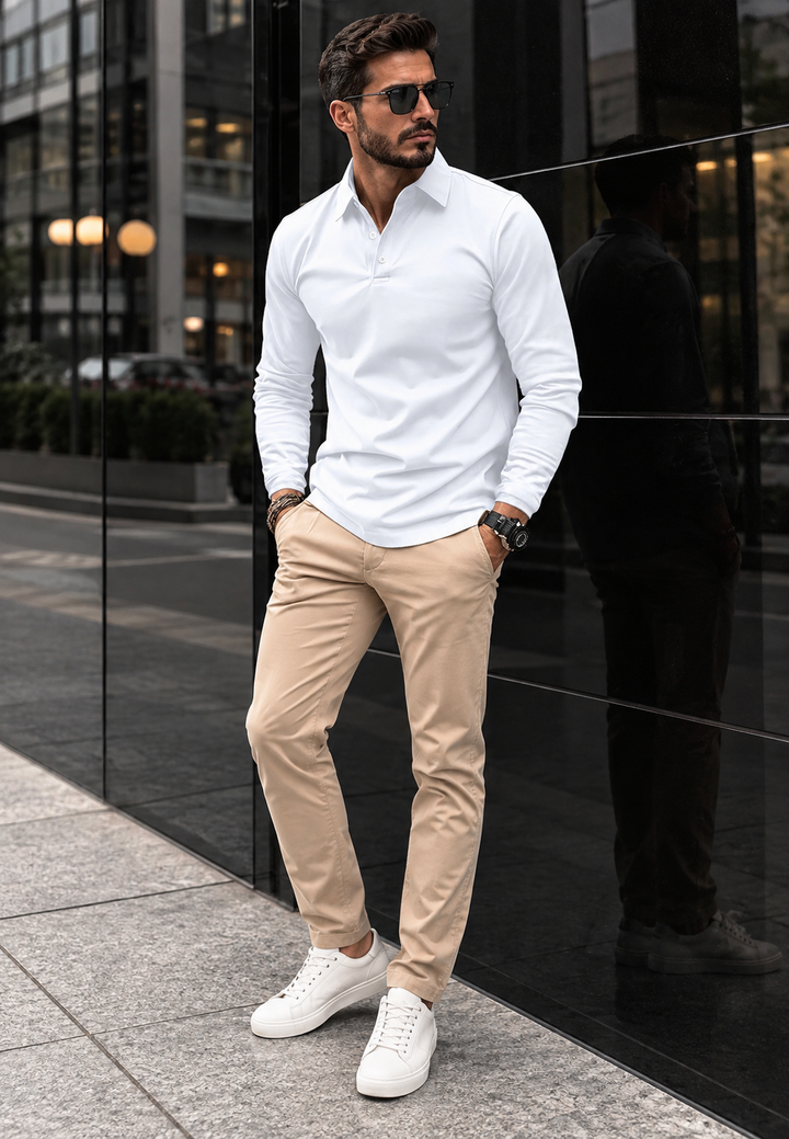 Polo homme à manches longues, col chemise et boutons - Breno