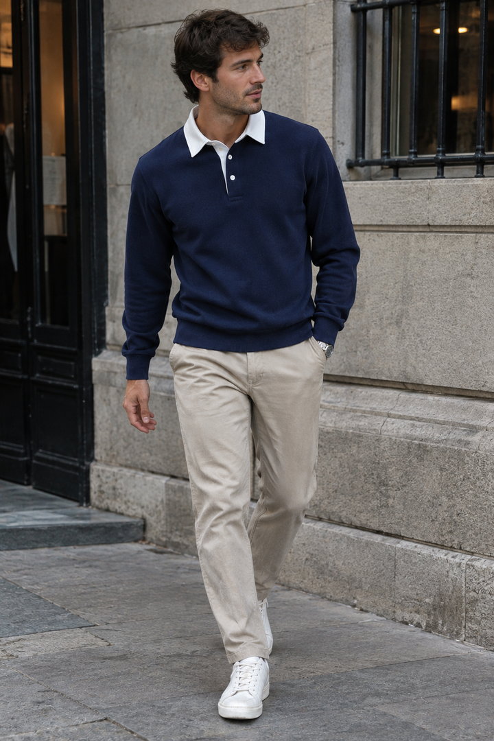 Polo homme à manches longues, col contrasté et boutonnage court - Cassian