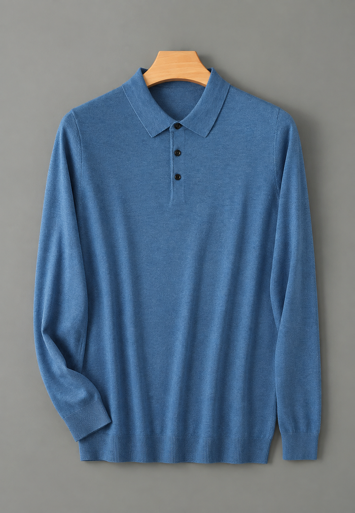 Polo homme à manches longues, maille fine, col boutonné - Aksel