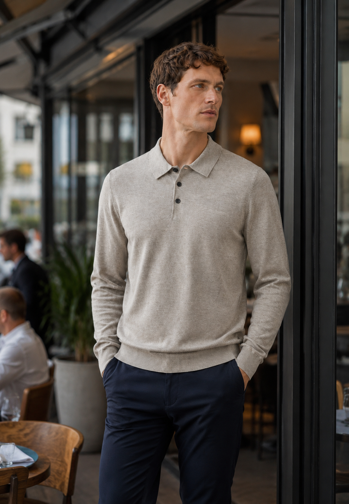 Polo homme à manches longues, maille fine, col boutonné - Aksel