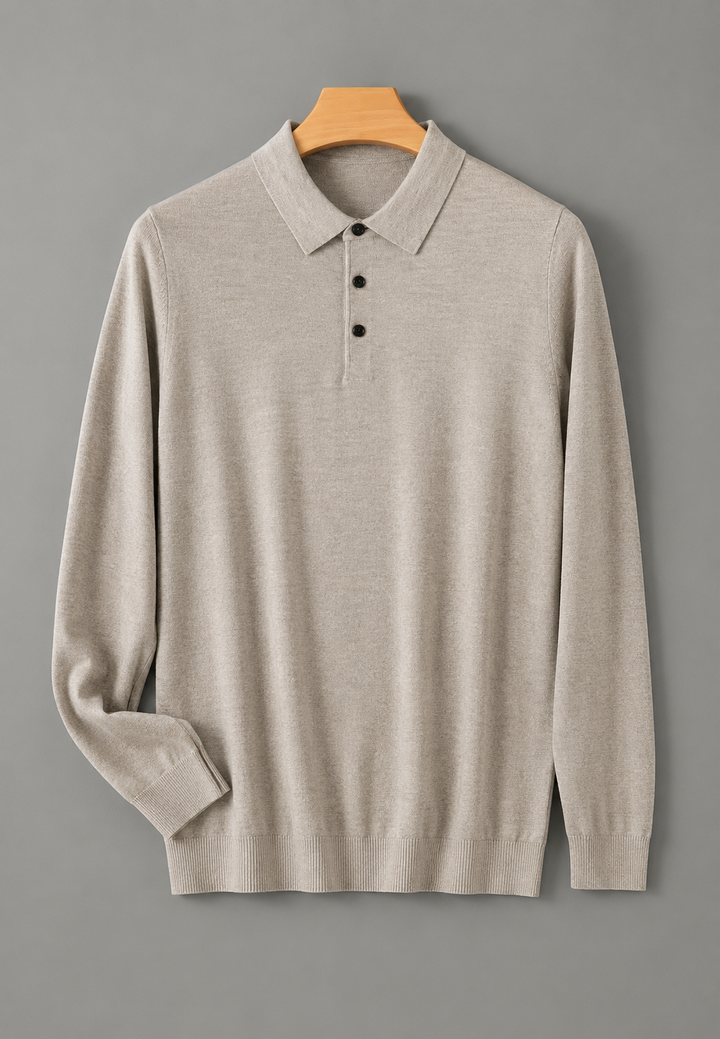 Polo homme à manches longues, maille fine, col boutonné - Aksel