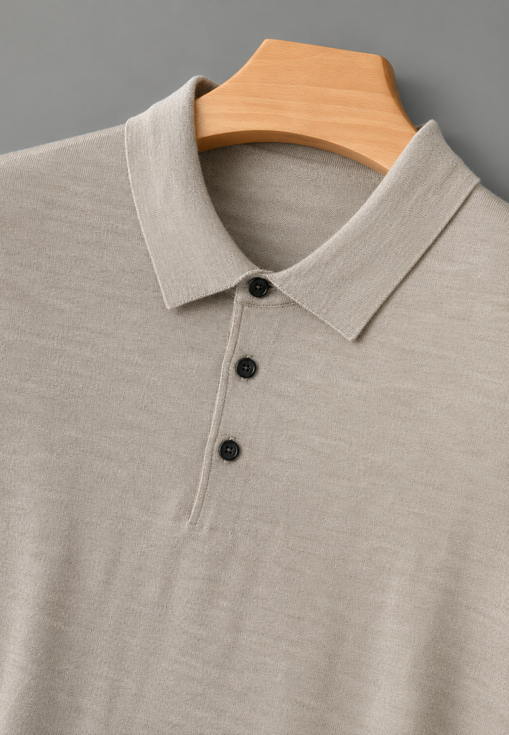 Polo homme à manches longues, maille fine, col boutonné - Aksel