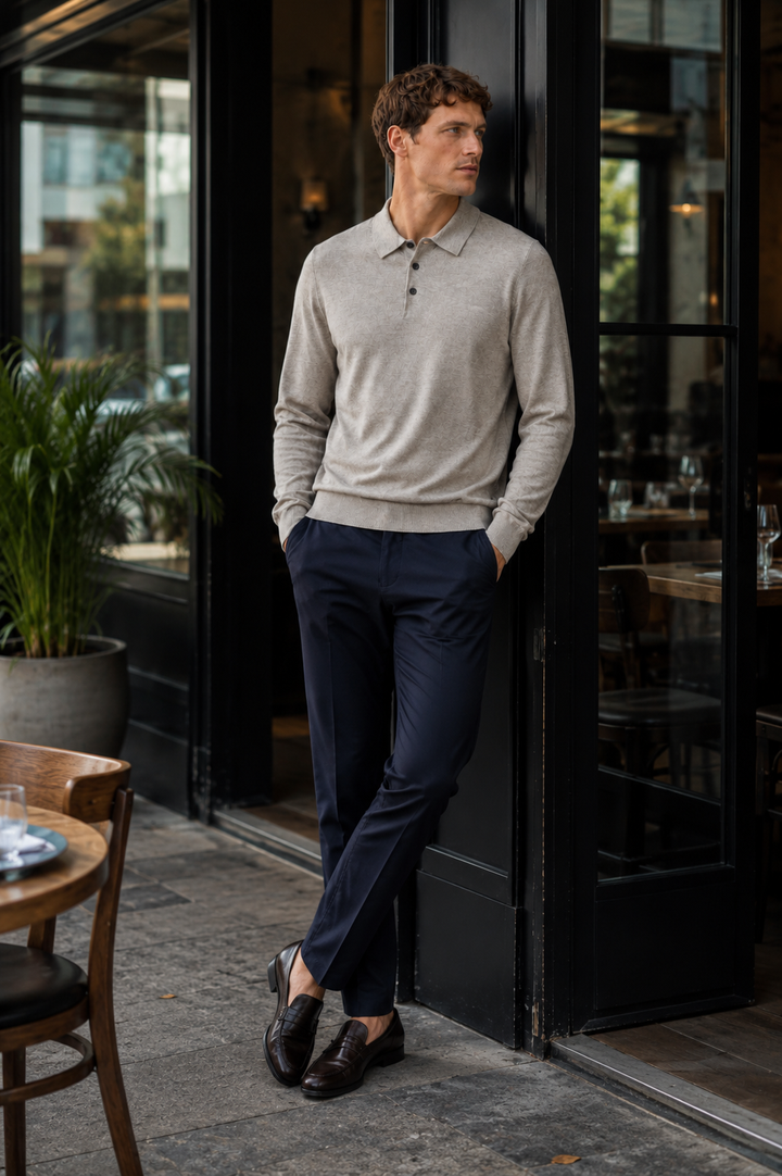 Polo homme à manches longues, maille fine, col boutonné - Aksel