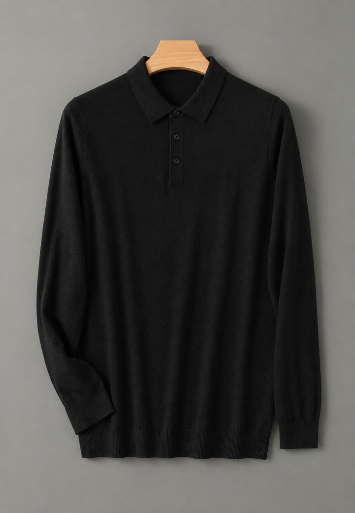 Polo homme à manches longues, maille fine, col boutonné - Aksel