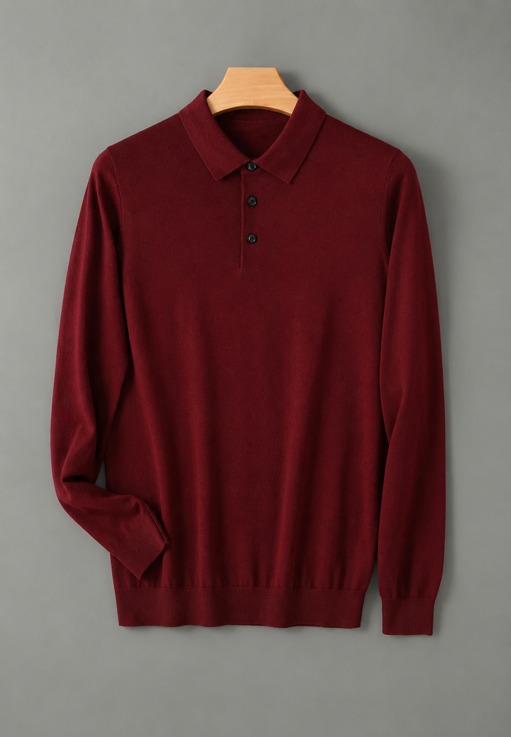 Polo homme à manches longues, maille fine, col boutonné - Aksel