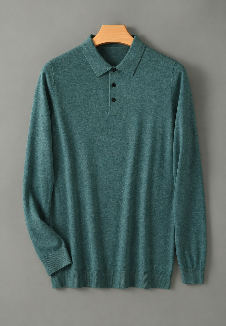 Polo homme à manches longues, maille fine, col boutonné - Aksel