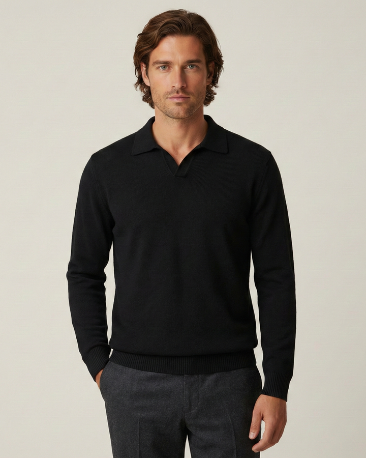 Polo homme à manches longues, en maille unie, col ouvert - Elian