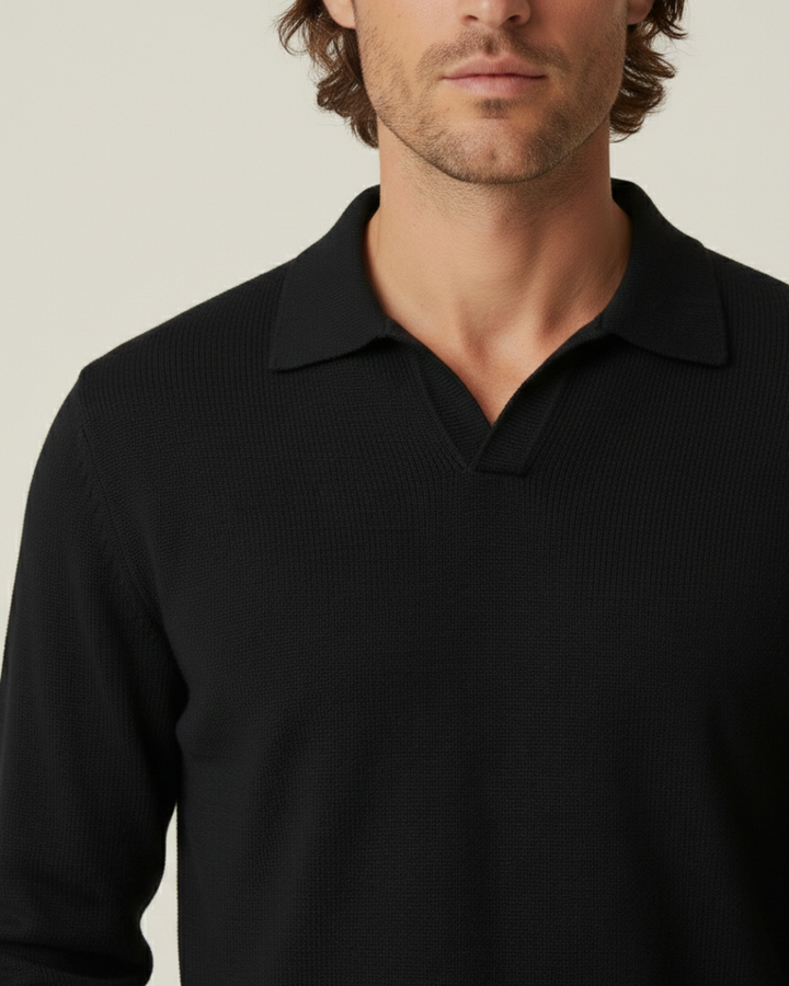 Polo homme à manches longues, en maille unie, col ouvert - Elian