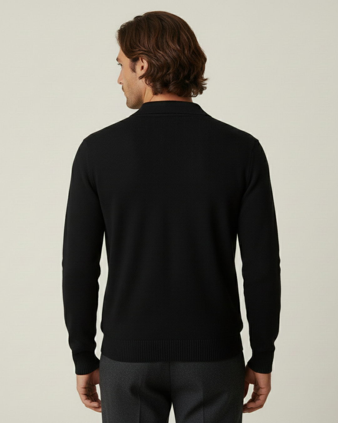 Polo homme à manches longues, en maille unie, col ouvert - Elian