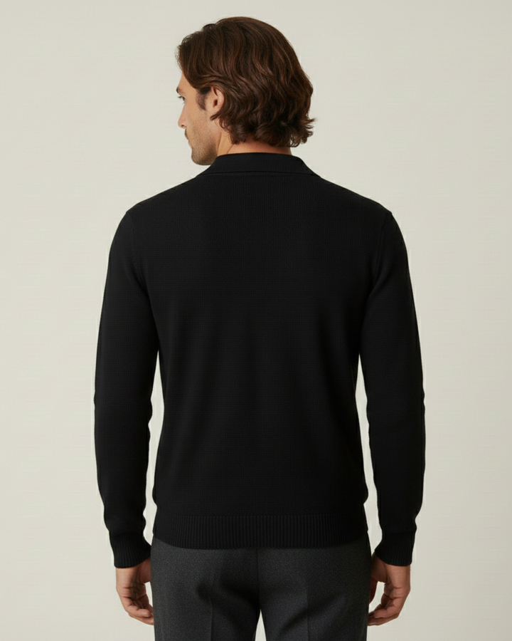 Polo homme à manches longues, en maille unie, col ouvert - Elian