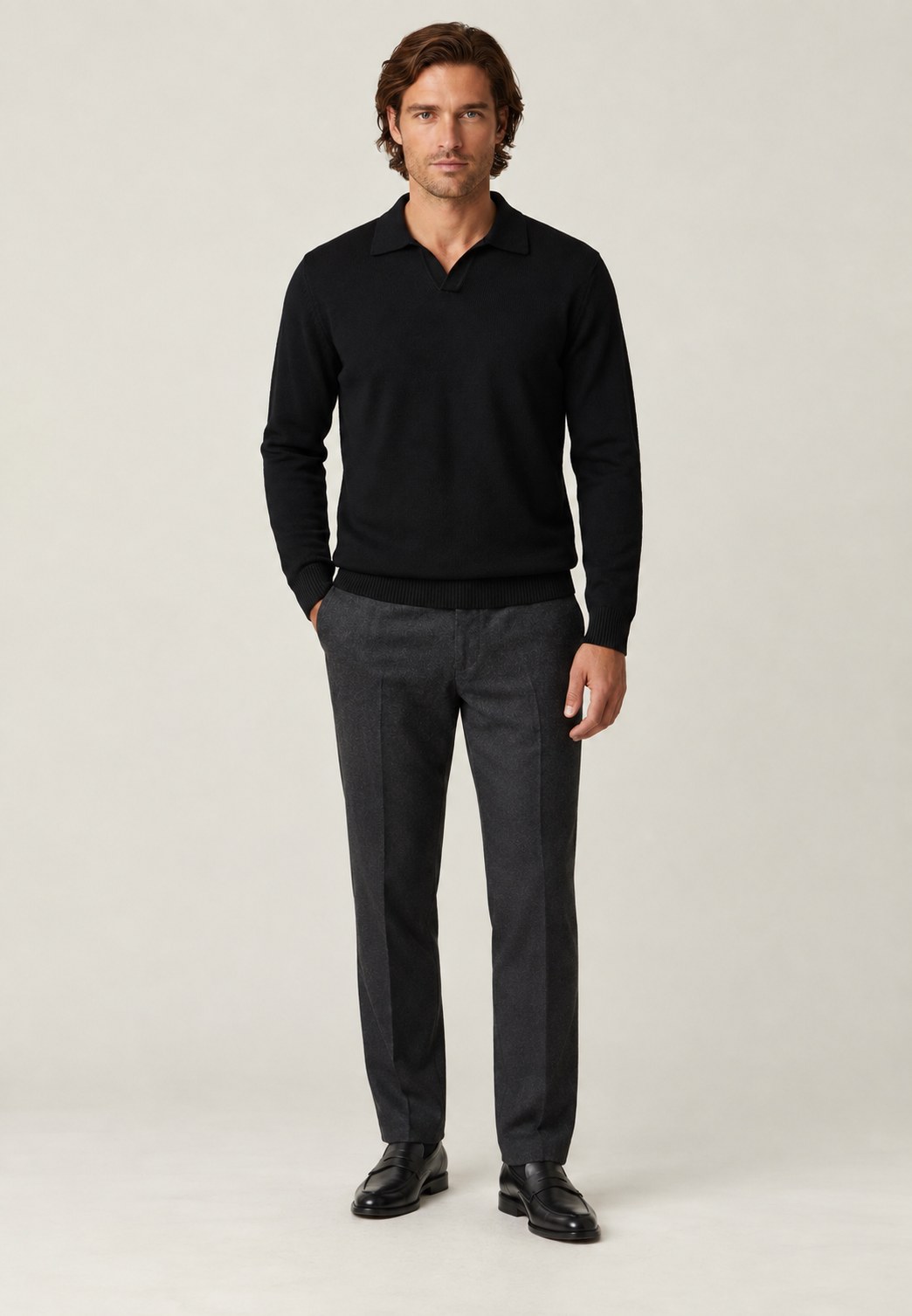 Polo homme à manches longues, en maille unie, col ouvert - Elian