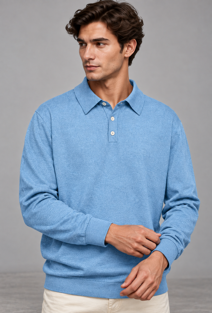 Polo homme à manches longues, maille unie, col classique - Eder