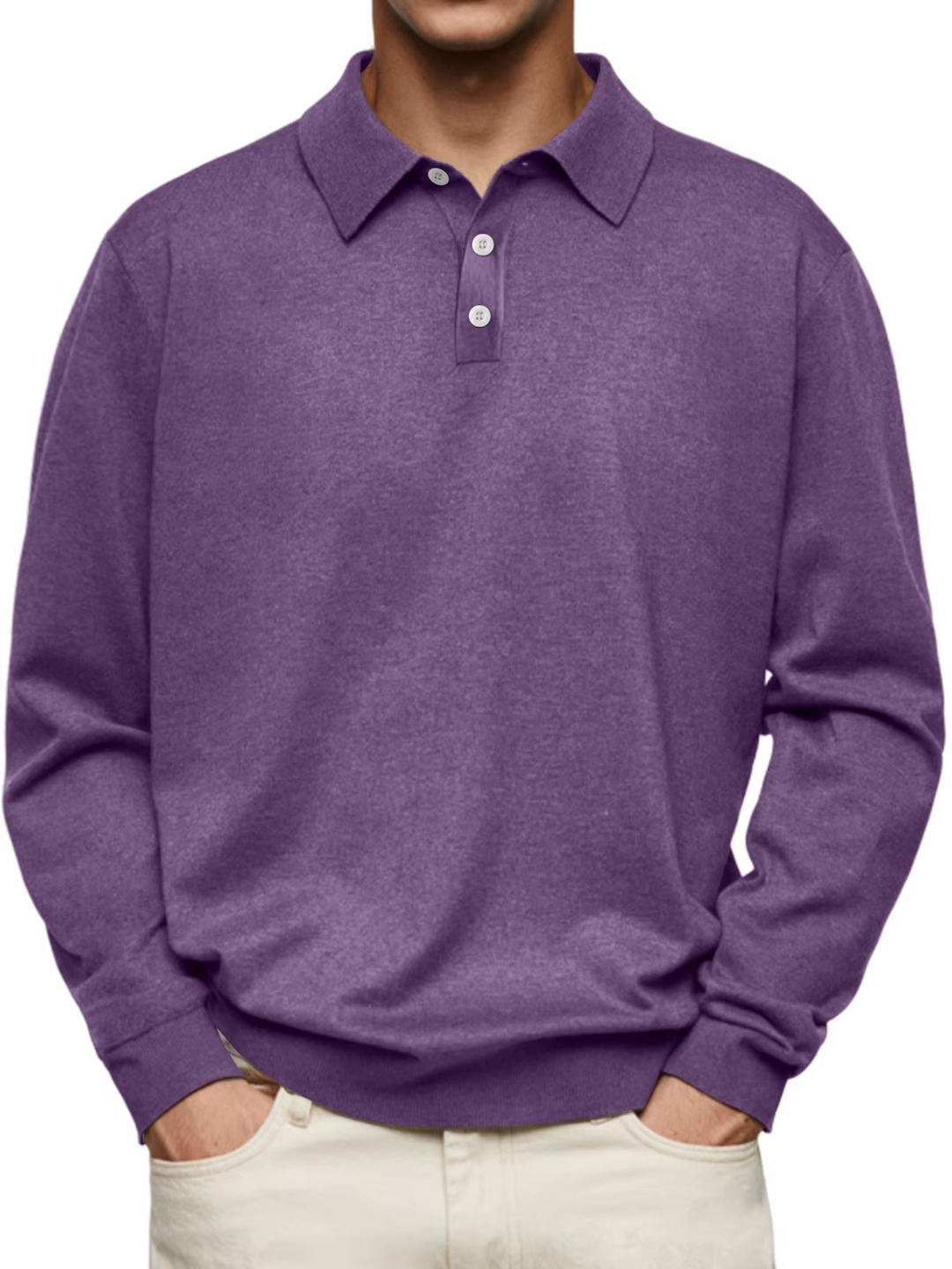 Polo homme à manches longues, maille unie, col classique - Eder