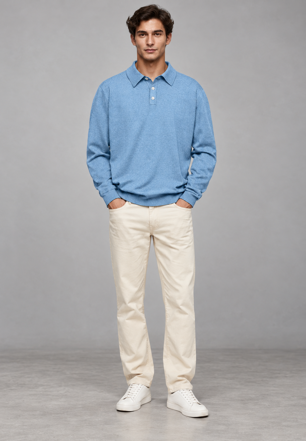 Polo homme à manches longues, maille unie, col classique - Eder