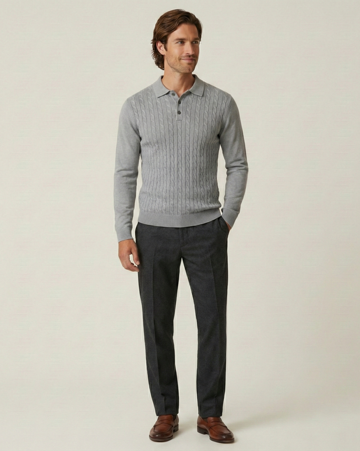 Polo hombre manga larga punto trenzado cuello clásico - Teo