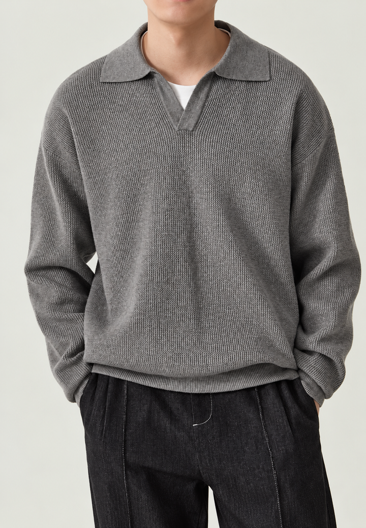 Polo homme en maille texturée, col ouvert, manches longues - Kael