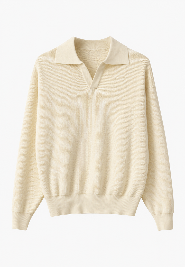 Polo homme en maille texturée, col ouvert, manches longues - Kael
