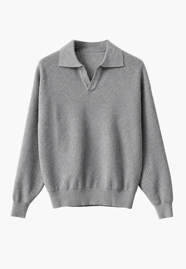 Polo homme en maille texturée, col ouvert, manches longues - Kael
