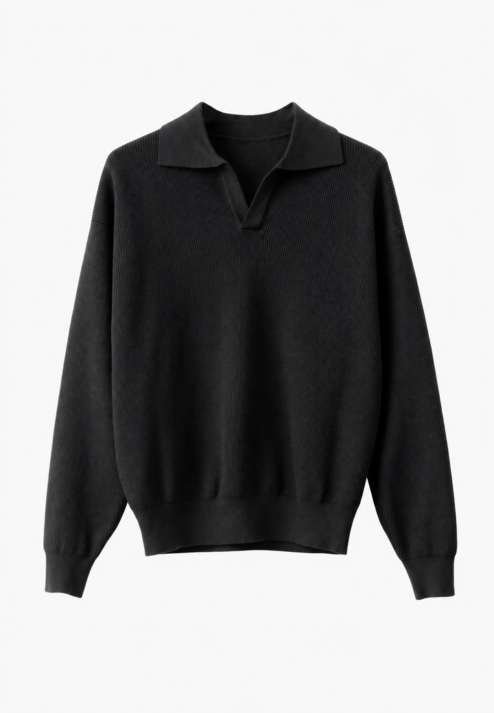 Polo homme en maille texturée, col ouvert, manches longues - Kael